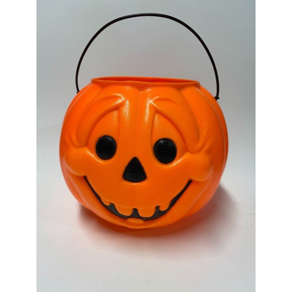 Vtg HALLOWEEN ORANGE PUMPKIN Pail Bucket General Foam Plastic Trick Treat Candy